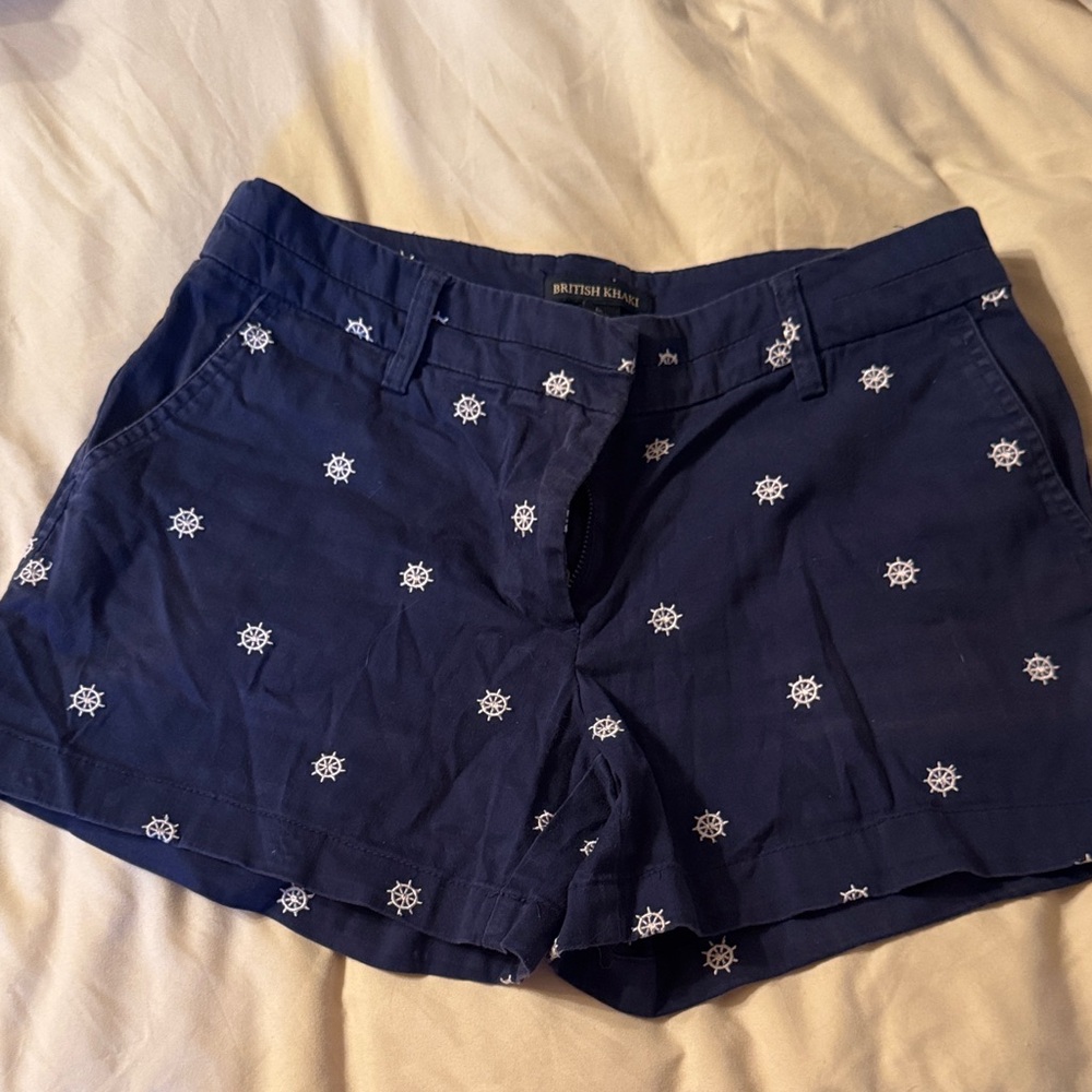 British Khaki Navy Shorts with White Embroidered Wheel Motif
